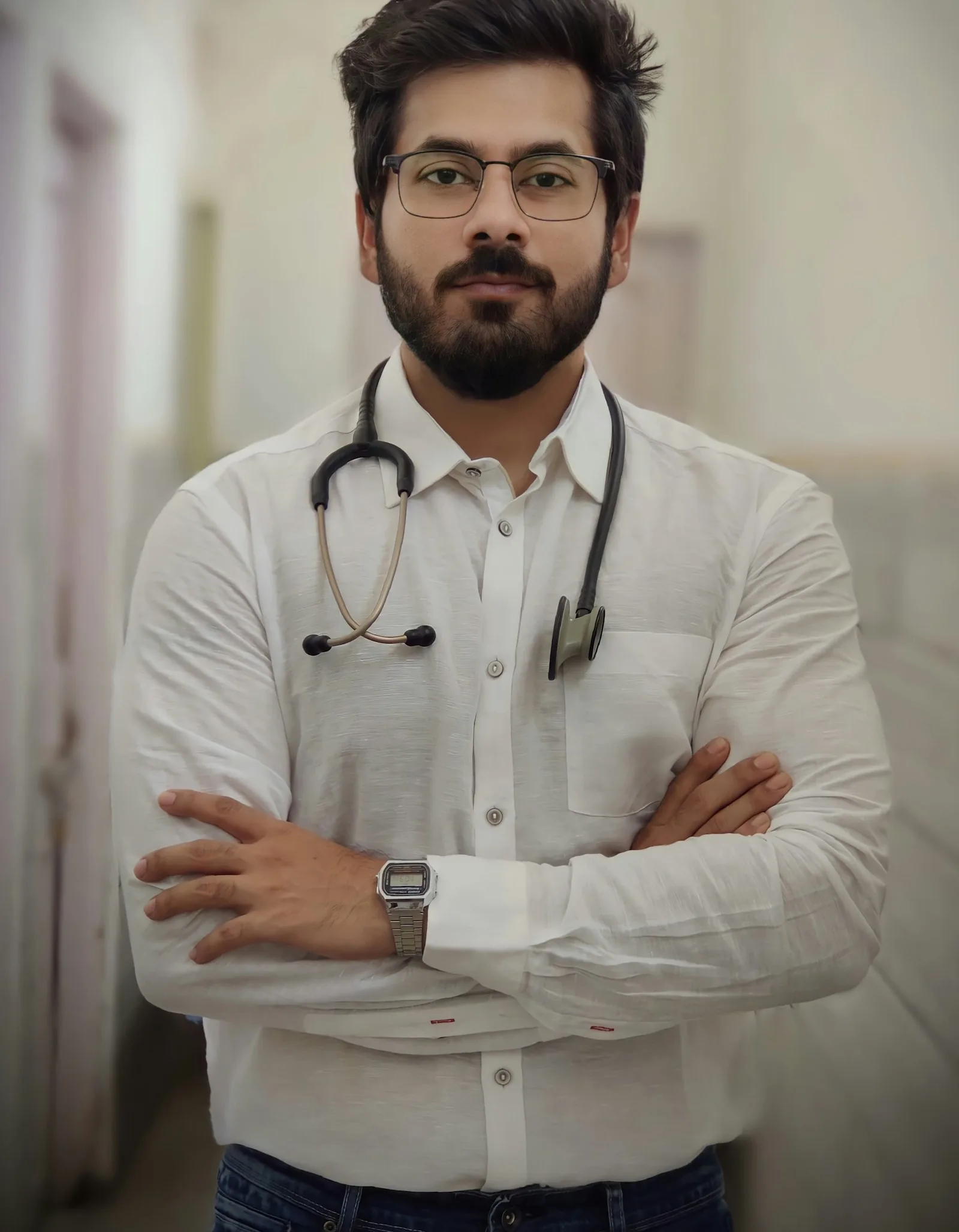 A medical professional standing with arms crossed