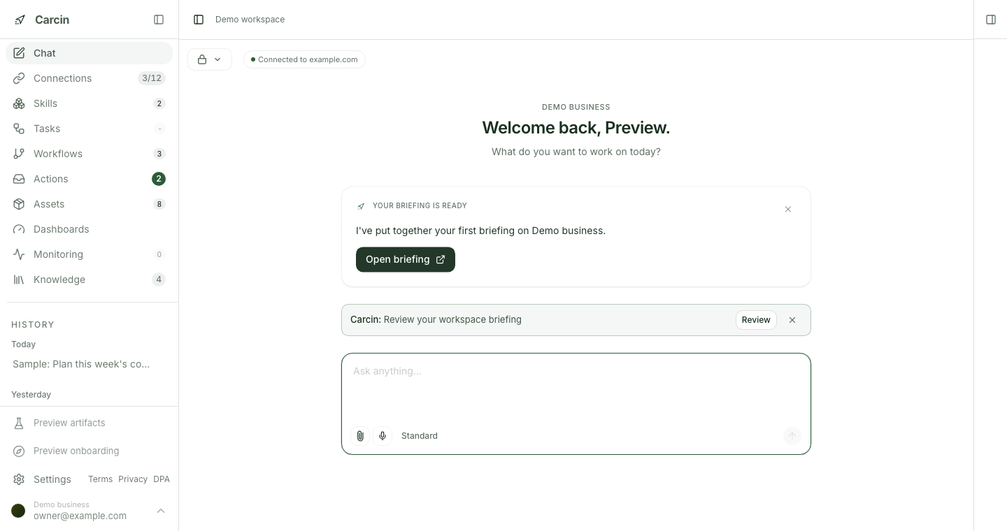 Carcin workspace with a briefing ready for review, connected tools, and a chat composer