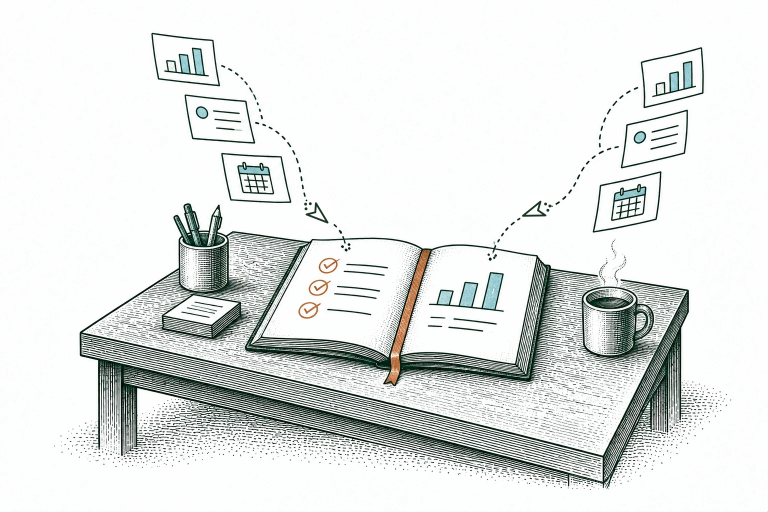 Charts, completed work, and dates feed a shared record of results