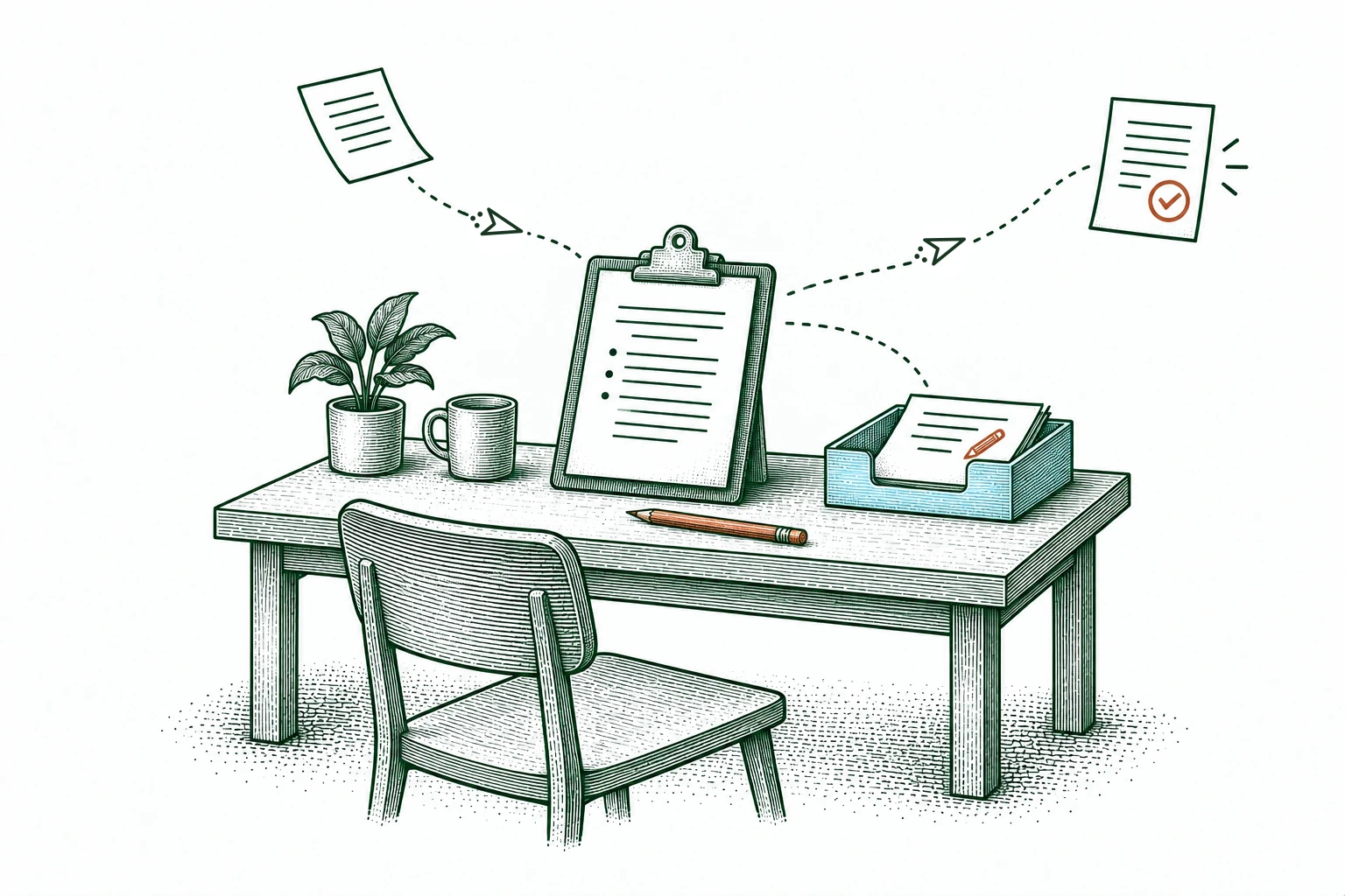 Proposed work reaches a review desk before approval or a return to the waiting tray